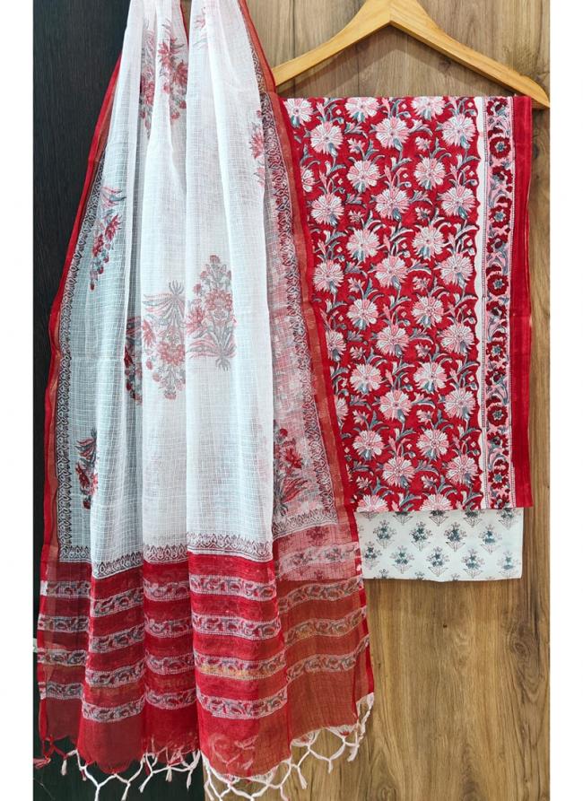 Cotton Red Casual Wear Printed Dress Material